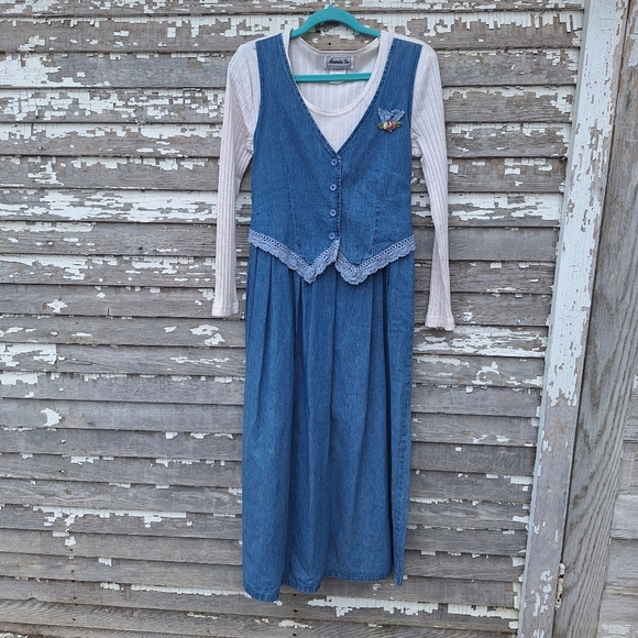 Vintage Dresses & Skirts - Vtg 80s Babydoll Tie Back Prairie Denim Jean Layered long sleeve T Dress Size 10
